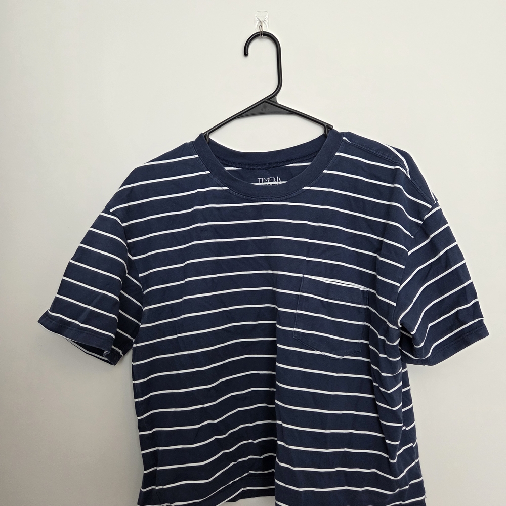 Time and Tru Navy and White Striped Cropped Tee